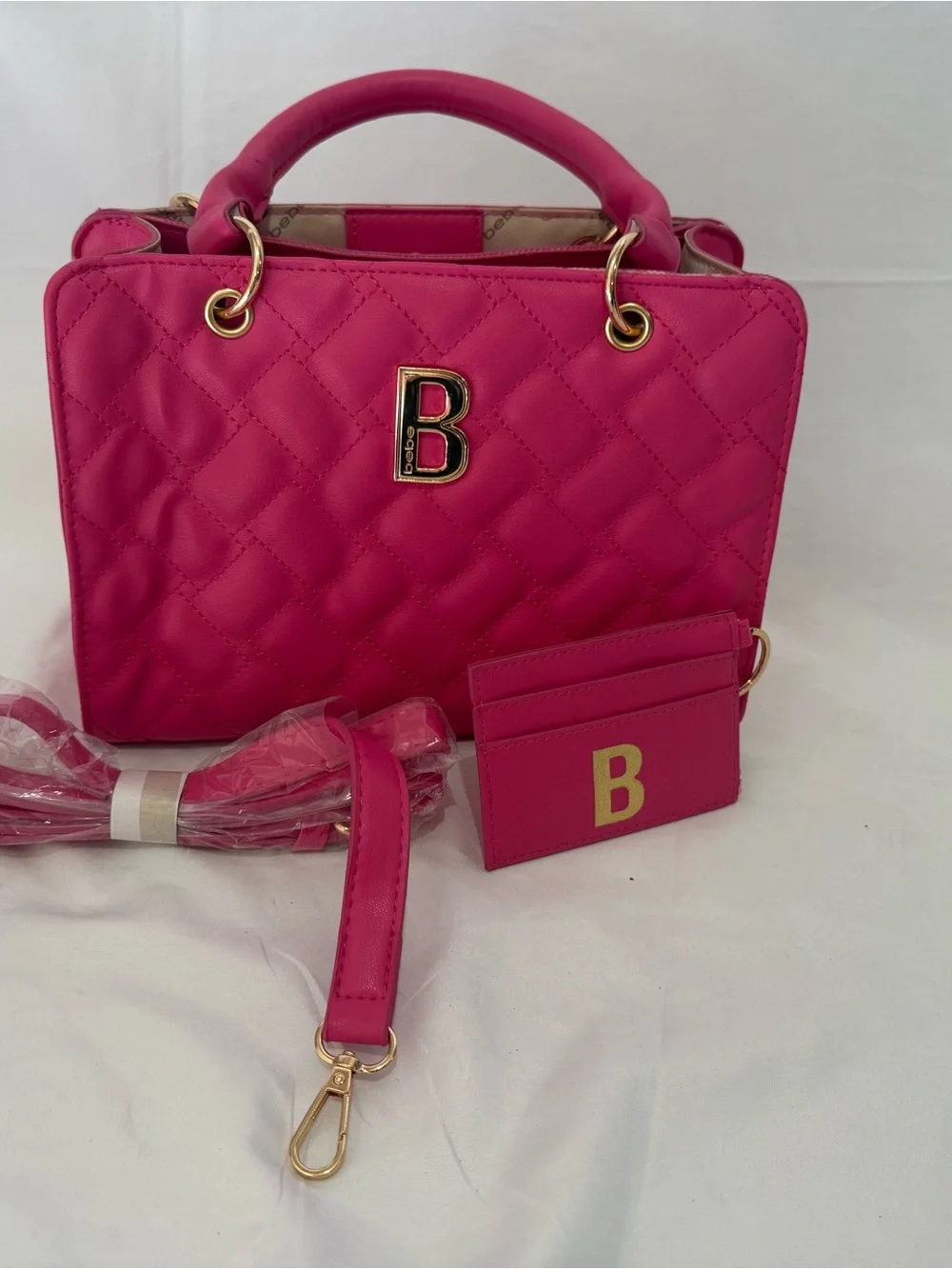 bebe Quilted Satchel in Hot Pink with Gold 'B' Hardware